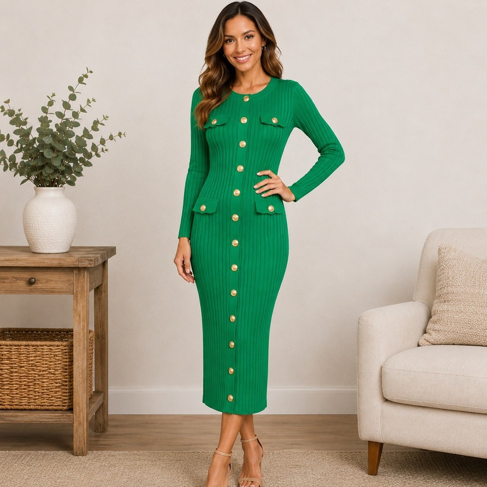Hera Collection Ribbed Knit Dress Womens S Green Excellent Gold Button Midi